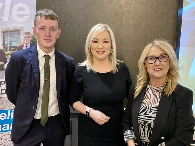 Sinn Féin vice-president Michelle O'Neill with Foyle Assembly candidates Padraig Delargy and Ciara Ferguson.