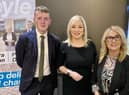 Sinn Féin vice-president Michelle O'Neill with Foyle Assembly candidates Padraig Delargy and Ciara Ferguson.