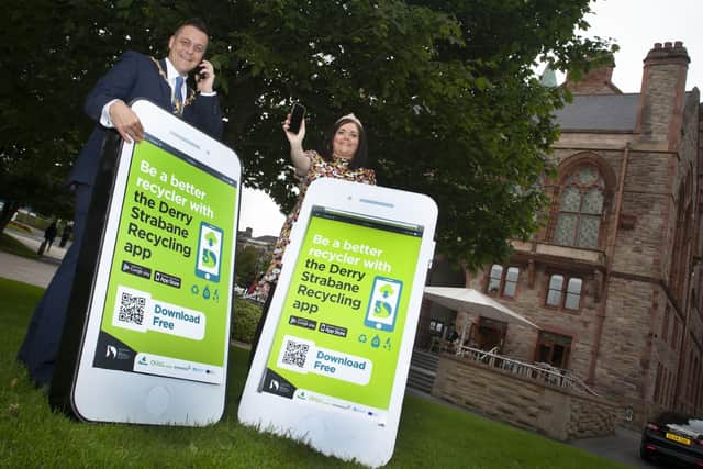 The Mayor of Derry City and Strabane District Council, Alderman Graham Warke, pictured with Nicola McCool, Waste Services Manager, DCSDC, launching the Council's new Recycling App. (Photos: Jim McCafferty Photography)