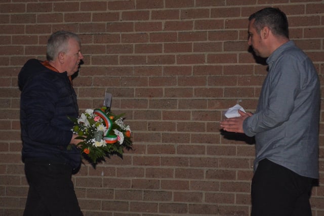 Archie Fleming leaving a floral tribute from the Republican Movement pictured with Waterside Councillor Christopher Jackson who chaired the event.