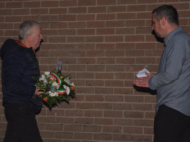 Archie Fleming leaving a floral tribute from the Republican Movement pictured with Waterside Councillor Christopher Jackson who chaired the event.