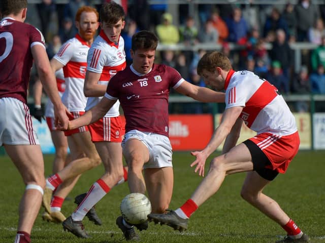 Derry’s Brendan Rogers closes in on Galway’s Sean Kelly at Owenbeg during the Tribesmen's recent Division Two victory. Dublin legend Diarmuid Connolly claims Galway didn't fancy meeting Derry in this weekend's league final. Photo: George Sweeney. DER2212GS – 006