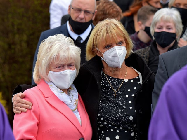 Relatives at the funeral of Fr Paddy OKane at Holy Family Church, Ballymagroarty, on Thursday afternoon. Photograph: George Sweeney / Derry Journal. DER2213GS 037