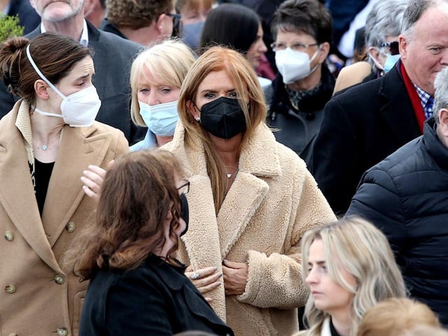 Actress Roma Downey pictured at the funeral of her friend Fr Paddy OKane at Holy Family Church, Ballymagroarty, on Thursday afternoon. Photograph: George Sweeney / Derry Journal. DER2213GS 038