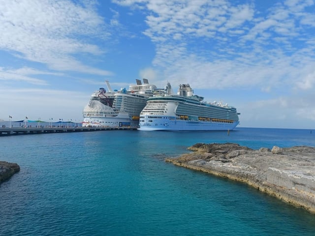 Wonder of the Seas and Freedom of the Seas alongside at Coco Cay, in the Bahamas.