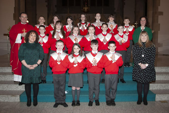 Children from St. Eugeneâ€TMs Primary School who received the Sacrament of Confirmation from Fr. Patrick Lagan at St. Eugeneâ€TMs Cathedral on Friday. Included in photo are Mrs. Carol Duffy, Principal, Ms. Cathy Faulkner and Ms. Amanda Carson. (Photo: Jim McCafferty Photography)