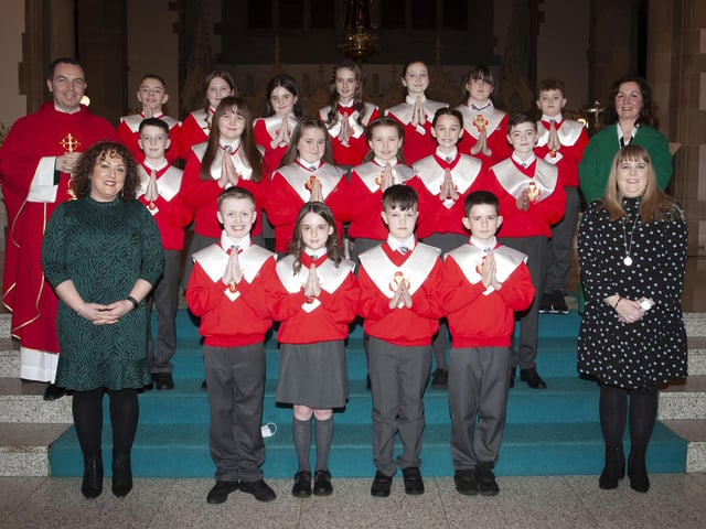 Children from St. Eugeneâ€TMs Primary School who received the Sacrament of Confirmation from Fr. Patrick Lagan at St. Eugeneâ€TMs Cathedral on Friday. Included in photo are Mrs. Carol Duffy, Principal, Ms. Cathy Faulkner and Ms. Amanda Carson. (Photo: Jim McCafferty Photography)