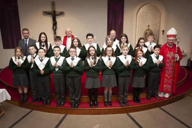 GREENHAW PS CONFIRMATION. . . . .Pupils from Mrs. Fiona Gallickâ€TMs P7 class at Greenhaw Primary School who received the Sacrament of Confirmation from Bishop Donal McKeown at St. Brigidâ€TMs Church, Carnhill on Monday last. Included is Mr. Shaun McLaughlin, Principal, Fr. Michael McCaughey, PP and Fr. Gerard Mongan, CC. (Photos: Jim McCafferty Photography)