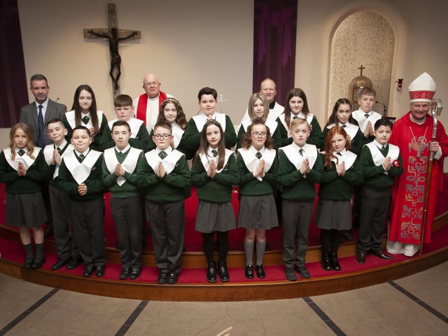 GREENHAW PS CONFIRMATION. . . . .Pupils from Mrs. Fiona Gallickâ€TMs P7 class at Greenhaw Primary School who received the Sacrament of Confirmation from Bishop Donal McKeown at St. Brigidâ€TMs Church, Carnhill on Monday last. Included is Mr. Shaun McLaughlin, Principal, Fr. Michael McCaughey, PP and Fr. Gerard Mongan, CC. (Photos: Jim McCafferty Photography)