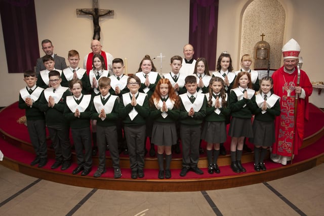 GREENHAW PS CONFIRMATION. . . . .Pupils from Mr. Chris Martinâ€TMs P7 class at Greenhaw Primary School who received the Sacrament of Confirmation from Bishop Donal McKeown at St. Brigidâ€TMs Church, Carnhill on Monday last. Included is Mr. Shaun McLaughlin, Principal, Fr. Michael McCaughey, PP and Fr. Gerard Mongan, CC. (Photos: Jim McCafferty Photography)