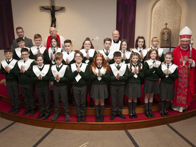 GREENHAW PS CONFIRMATION. . . . .Pupils from Mr. Chris Martinâ€TMs P7 class at Greenhaw Primary School who received the Sacrament of Confirmation from Bishop Donal McKeown at St. Brigidâ€TMs Church, Carnhill on Monday last. Included is Mr. Shaun McLaughlin, Principal, Fr. Michael McCaughey, PP and Fr. Gerard Mongan, CC. (Photos: Jim McCafferty Photography)
