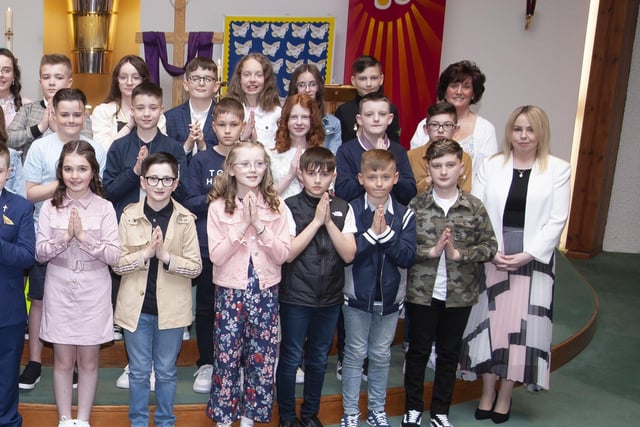 Pupils from Sacred Heart Primary School who received the Sacrament of Confirmation at the Church of the Immaculate Conception, Trench Road on Friday last. Included is Fr. Sean Oâ€TMDonnell, Mrs. Louise Cunning, Principal and Mrs. Jacqueline McDermott, teacher. (Photo: Jim McCafferty Photography)