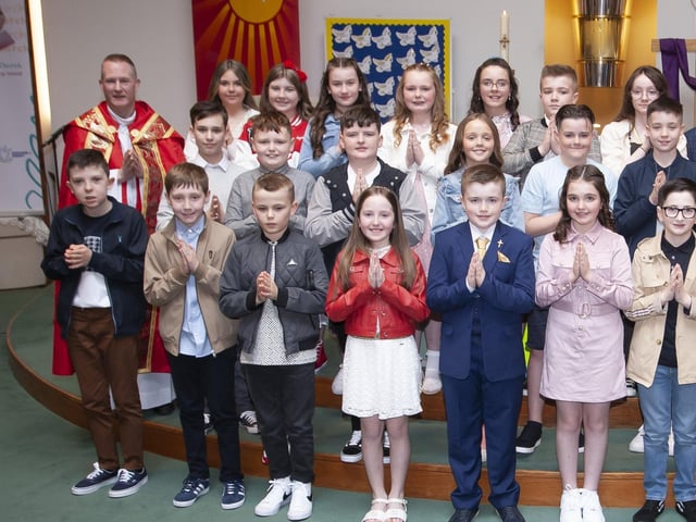 Pupils from Sacred Heart Primary School who received the Sacrament of Confirmation at the Church of the Immaculate Conception, Trench Road on Friday last. Included is Fr. Sean Oâ€TMDonnell, Mrs. Louise Cunning, Principal and Mrs. Jacqueline McDermott, teacher. (Photo: Jim McCafferty Photography)