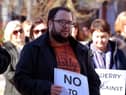 Aontú Councillor Emmet Doyle at the Derry Fuel Poverty Rally in Waterloo Place on Sunday afternoon last. Photo: George Sweeney.  DER2213GS – 067