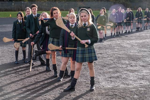 Front to back:-Erin Quinn (Saoirse Monica Jackson), Clare Devlin (Nicola Coughlan), Michelle Mallon (Jamie-Lee O'Donnell), Orla McCool (Louisa Clare Harland), James Maguire (Dylan Llewellyn)