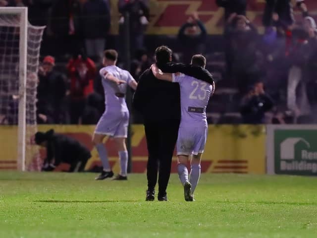 Ruaidhri Higgins and Cameron Dummigan celebrate a big win at Dalymount Park. Another goal in 'Higgins Time' secured three points and the City boss reckons it's no fluke. Photograph by Kevin Moore.