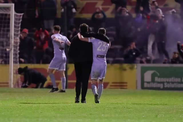 Ruaidhri Higgins and Cameron Dummigan celebrate a big win at Dalymount Park. Another goal in 'Higgins Time' secured three points and the City boss reckons it's no fluke. Photograph by Kevin Moore.