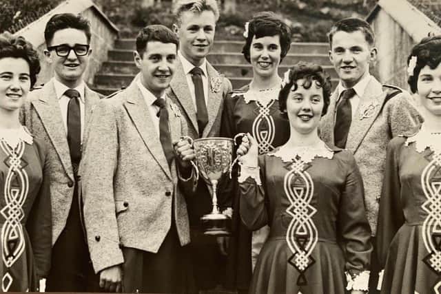 An Ulster Championship winning team from the McLaughlin School of Dancing. From left: Evelyn Callaghan, Johnny McCallion, Seamus Quigley, Barry Doherty, Margaret McLaughlin, Con McLaughlin, Marie Hamilton and Patricia McLaughlin. On this occasion the Ulster Championships were held in Derry’s Lourdes Hall.