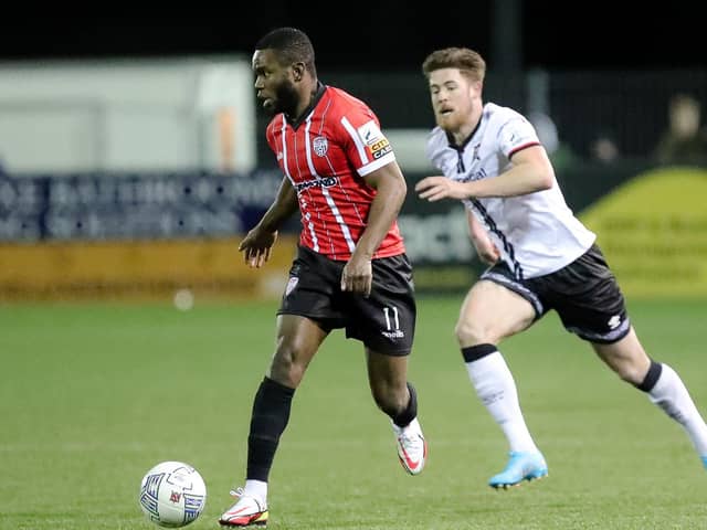 James Akintunde in action against Dundalk on the first day of the season. He proved the match winner against Bohemians in dramatic fashion on Friday night.