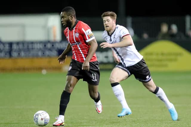 James Akintunde in action against Dundalk on the first day of the season. He proved the match winner against Bohemians in dramatic fashion on Friday night.