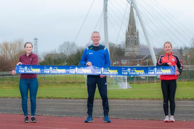 Pictured at the launch of the Strabane Lifford Half Marathon at the Melvin Sports Complex are, from left, Derry City and Strabane District Council Events Co-ordinator Catherine Ashford, Physical Activity Coach at Council Mark Connolly and former race winner Claire McGuigan, Lifford Strabane Athletics Club.