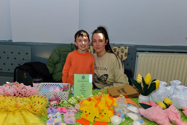 Locals Roisin McDaid and seven-year-old Tommy pictured at their Blossom Grove stall at the Muff Spring and Easter Fair at St Mary’s Hall on Saturday afternoon last. DER2213GS – 077