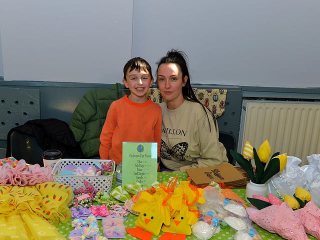 Locals Roisin McDaid and seven-year-old Tommy pictured at their Blossom Grove stall at the Muff Spring and Easter Fair at St Mary’s Hall on Saturday afternoon last. DER2213GS – 077