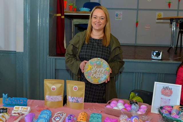 Stacey Griffiths, from Derry, pictured at her Bliss stall at the Muff Spring and Easter Fair at St Mary’s Hall on Saturday afternoon last. DER2213GS – 079