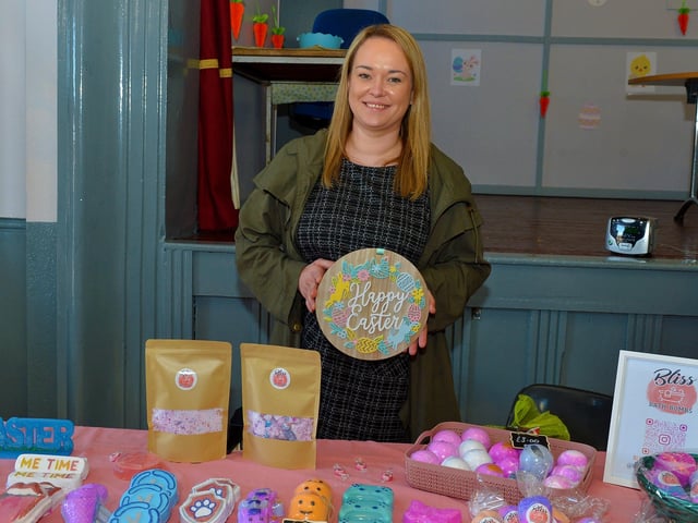 Stacey Griffiths, from Derry, pictured at her Bliss stall at the Muff Spring and Easter Fair at St Mary’s Hall on Saturday afternoon last. DER2213GS – 079