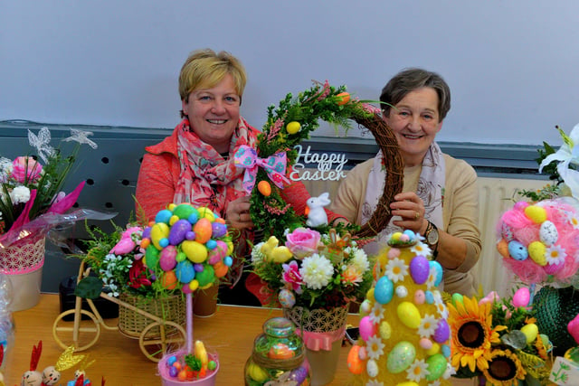 Locals Patricia Doherty and Margaret Doyle at the Patricia Doherty Creations stall at the Muff Spring and Easter Fair at St Mary’s Hall on Saturday afternoon last. DER2213GS – 083
