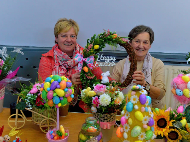 Locals Patricia Doherty and Margaret Doyle at the Patricia Doherty Creations stall at the Muff Spring and Easter Fair at St Mary’s Hall on Saturday afternoon last. DER2213GS – 083