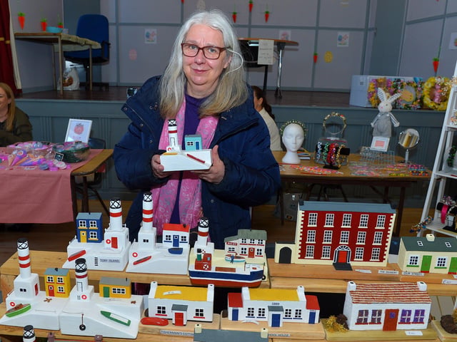 Eglinton women Brigid Henderson pictured at her Walled Garden stall at the Muff Spring and Easter Fair at St Mary’s Hall on Saturday afternoon last. DER2213GS – 080