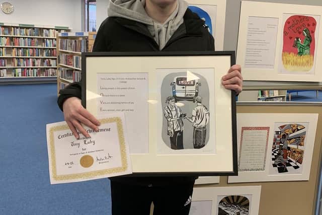 Tony Luby, Ardnashee School and College with his poem and linocut.