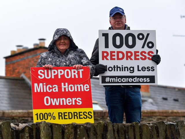 Demonstrators at the MICA protest outside the Playhouse, in Artillery Street, on Friday evening last, during a visit by Taoiseach Micheál Martin to a John Hume Foundation event in the venue. Photo: George Sweeney. DER2213GS – 055