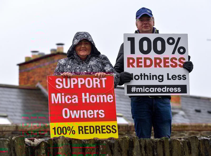 Demonstrators at the MICA protest outside the Playhouse, in Artillery Street, on Friday evening last, during a visit by Taoiseach Micheál Martin to a John Hume Foundation event in the venue. Photo: George Sweeney. DER2213GS – 055