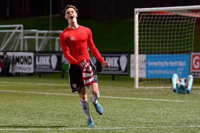 Michael Harris runs away celebrating after scoring the winning penalty against Bohemians in the Enda McGuill Cup Final. Picture by George Sweeney