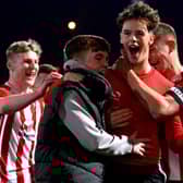 Michael Harris celebrates with his Derry City U19's team-mates after scoring the winning spot-kick against Bohemians U19's. Picture by George Sweeney