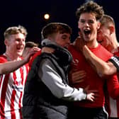 Michael Harris celebrates with his Derry City U19's team-mates after scoring the winning spot-kick against Bohemians U19's. Picture by George Sweeney