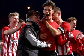 Michael Harris celebrates with his Derry City U19's team-mates after scoring the winning spot-kick against Bohemians U19's. Picture by George Sweeney