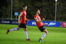 Will Patching celebrates his second half goal which gave Derry City the lead in UCD. Photo by Kevin Moore.