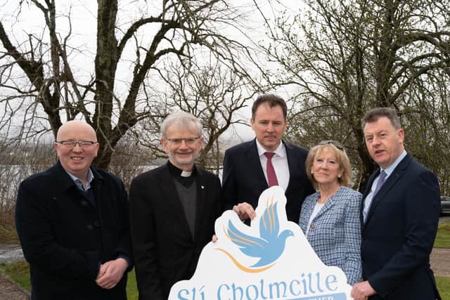 A BBC Two documentary featuring Slí Cholmcille will air this Friday, 8th April. Ahead of the documentary airing this weekend, Charlie McConalogue, Minister for Agriculture, Food and the Marine, TD visited Gartan, the birthplace of Colmcille and met with the Slí Cholmcille committee and members of the local community. L-R are Brian McGarvey, Bishop Alan McGuckian, Charlie McConalogue, Minister for Agriculture, Food and the Marine, TD, Anne McGowan, and Seamus Neely. See www.slicholmcille.org. Photo - Clive Wasson.