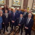 No Fee for reproduction  An Taoiseach Micheal Martin is welcomed to the Guildhall by Alderman Graham Warke, Mayor of Derry City and Strabane District Council and Councillor Martin McDermott Leas, Cathaoirleach, Donegal County Council with members of the North West Regional Development Group. Picture Martin McKeown. 01.04.22