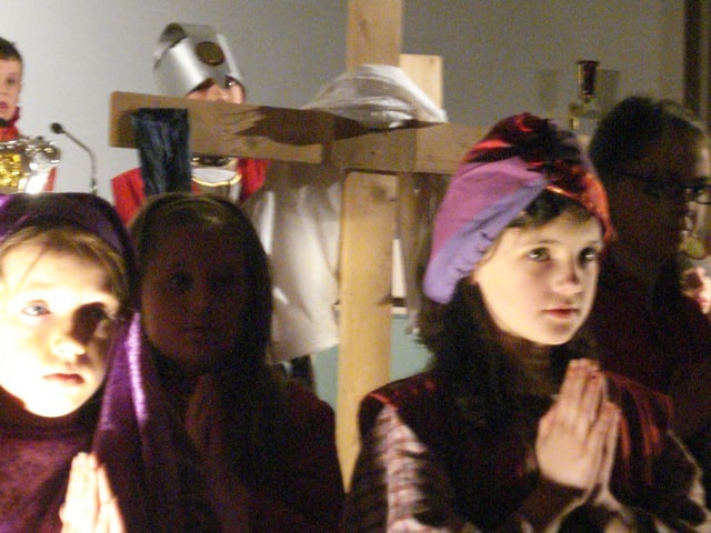 The scene at the cross during the Trench Road Primary School Passion Play which was performed in the Church of the Immaculate Conception earlier this week.