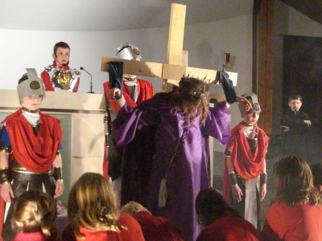 The Crucifixion scene during the Passion Play performed by Trench Road Primary School P6 pupils in the Church of the Immaculate Conception on Tuesday.