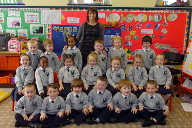 P1 pupils from Trench Road Primary School with class teacher Catriona Wray. (2410PG05)