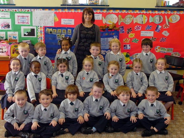 P1 pupils from Trench Road Primary School with class teacher Catriona Wray. (2410PG05)