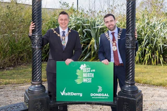 Pictured at the launch of the Best of the Northwest Tourism Initiative are Alderman Graham Warke, Mayor of Derry City and Strabane District Council and Cllr Jack Murray,  Cathaoirleach of Donegal County Council. (Brendan Diver)