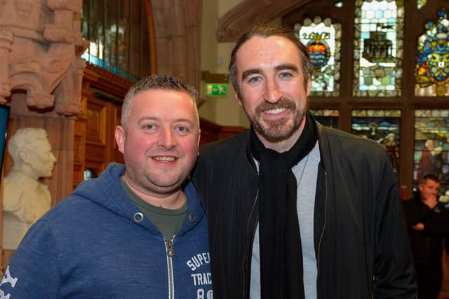 Coronas frontman Danny O’Reilly pictured with local musician Alban Norby at the ‘Live at the Square Festival 2022’official launch of the Guildhall on Tuesday afternoon last. The Coronas with special guests Ryan McMullan, Ordhan Murphy and Rue will perform in St Columb’s Park on Saturday 28th May next Photo: George Sweeney.  DER2214GS – 004