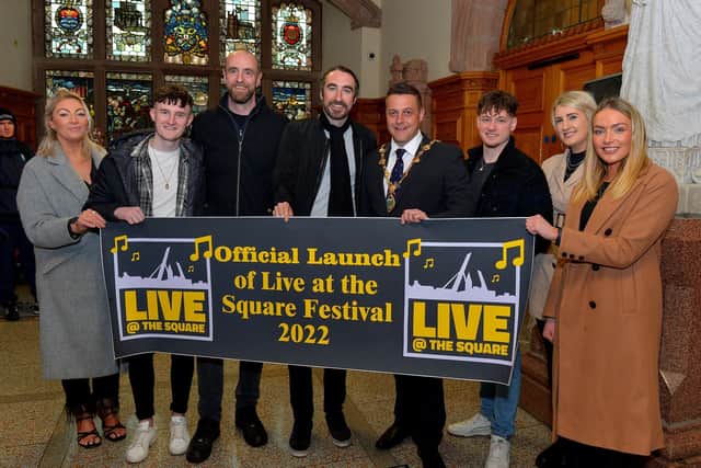 Pictured at the ‘Live at the Square Festival 2022’official launch of the Guildhall on Tuesday afternoon last are Laura Brown, Odhran Murphy, Mark H. Durkan MLA, Danny O’Reilly, Mayor Graham Warke, Ryan McMullan, Rue and Majella Mullan. The Coronas with special guests will perform in St Columb’s Park on Saturday 28th May next. Photo: George Sweeney. DER2214GS – 003