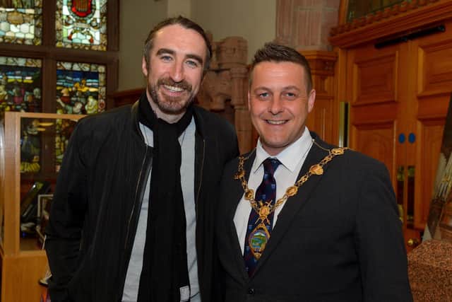 Coronas frontman Danny O’Reilly pictured with Mayor Graham Warke at the ‘Live at the Square Festival 2022’official launch of the Guildhall on Tuesday afternoon last. The Coronas with special guests Ryan McMullan, Ordhan Murphy and Rue will perform in St Columb’s Park on Saturday 28th May next Photo: George Sweeney.  DER2214GS – 002